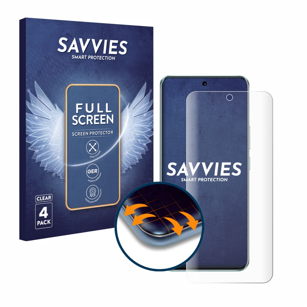 Parte frontal de un envase de producto con el logotipo de la marca Savvies. Al lado se muestra el dispositivo Honor 90 con su 