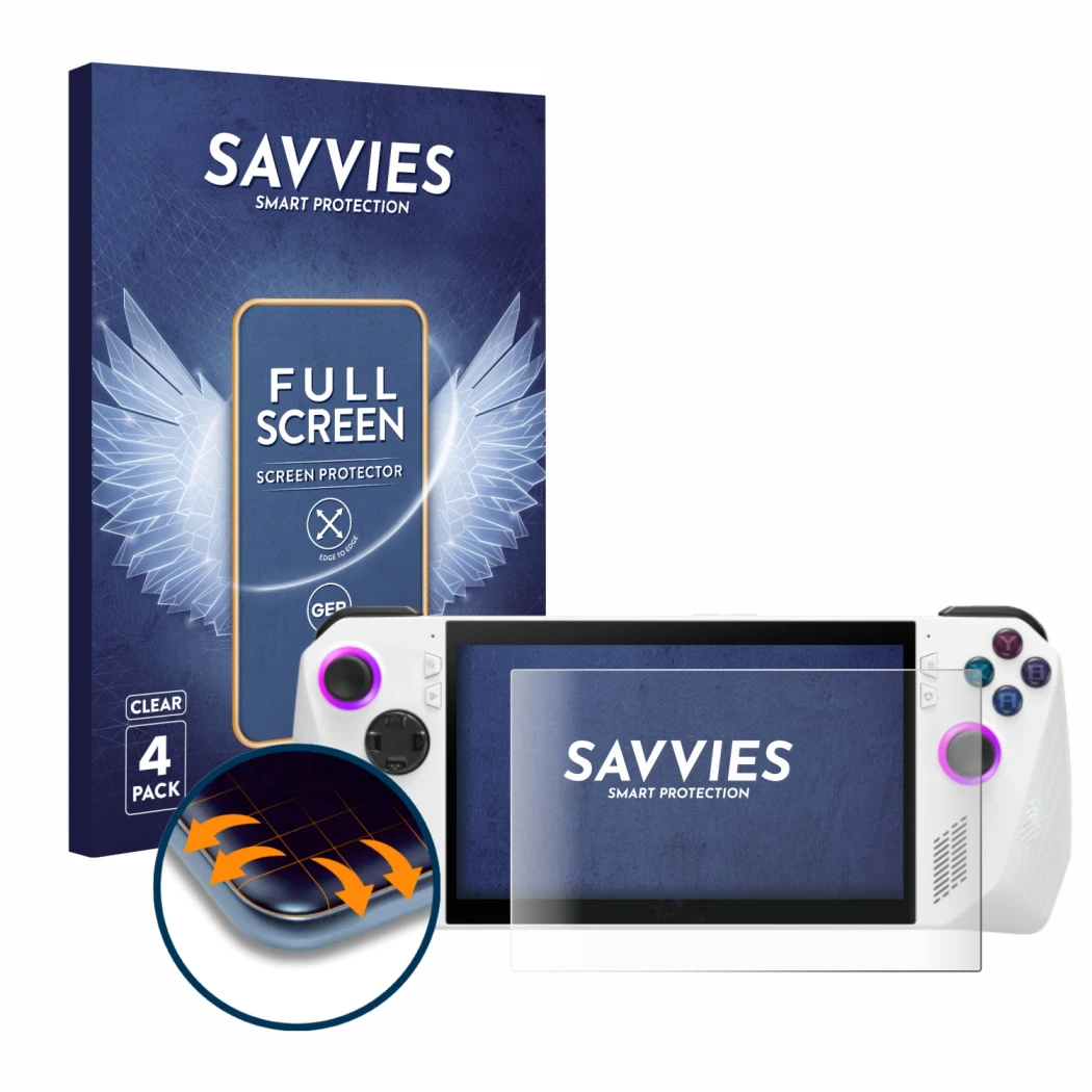 Parte frontal de un envase de producto con el logotipo de la marca Savvies. Al lado se muestra el dispositivo ASUS ROG Ally (2