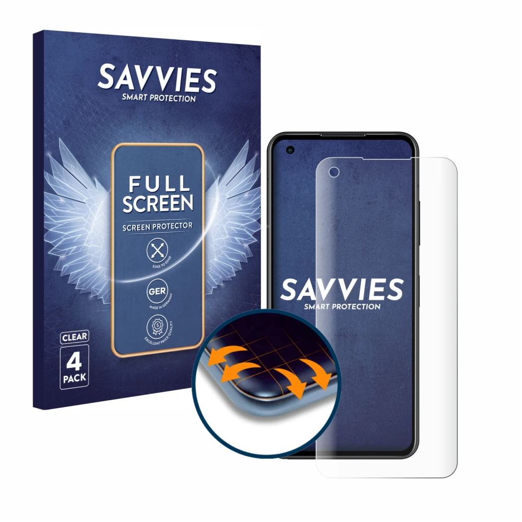 Parte frontal de un envase de producto con el logotipo de la marca Savvies. Al lado se muestra el dispositivo ASUS ZenFone 10 