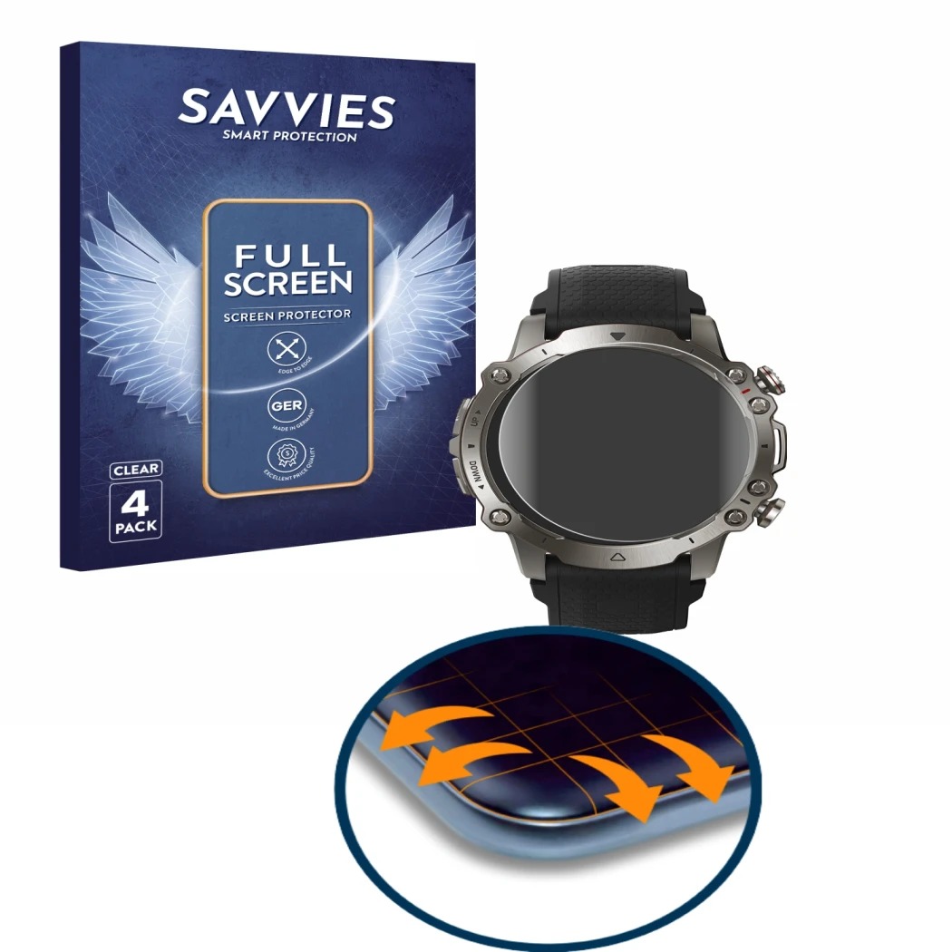 Parte frontal de un envase de producto con el logotipo de la marca Savvies. Al lado se muestra el dispositivo Huami Amazfit Fa