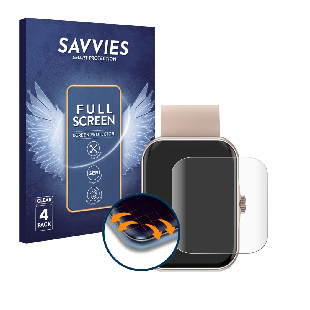 Parte frontal de un envase de producto con el logotipo de la marca Savvies. Al lado se muestra el dispositivo Mutoy Smartwatch
