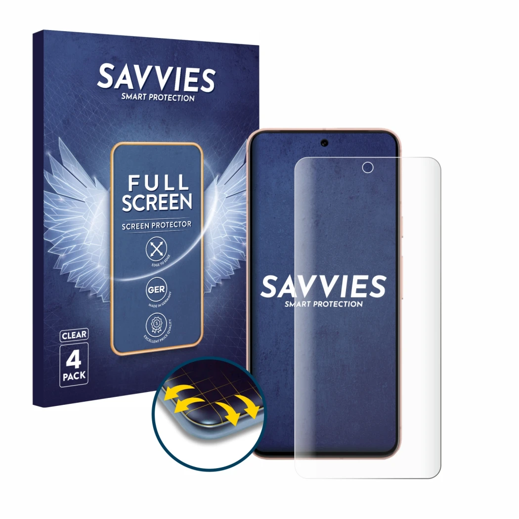 Parte frontal de un envase de producto con el logotipo de la marca Savvies. Al lado se muestra el dispositivo Google Pixel 8 c