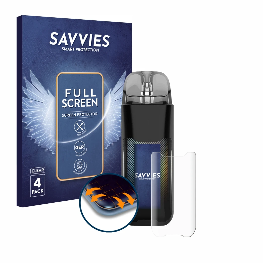 Parte frontal de un envase de producto con el logotipo de la marca Savvies. Al lado se muestra el dispositivo Vaporesso Luxe X