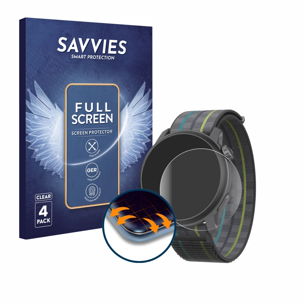 Parte frontal de un envase de producto con el logotipo de la marca Savvies. Al lado se muestra el dispositivo Coros Pace 3 con