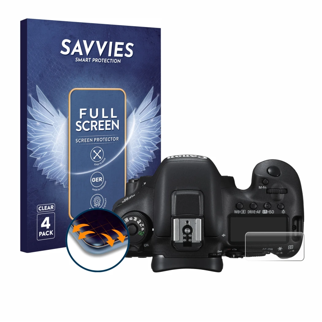 Parte frontal de un envase de producto con el logotipo de la marca Savvies. Al lado se muestra el dispositivo Canon EOS 7D Mar