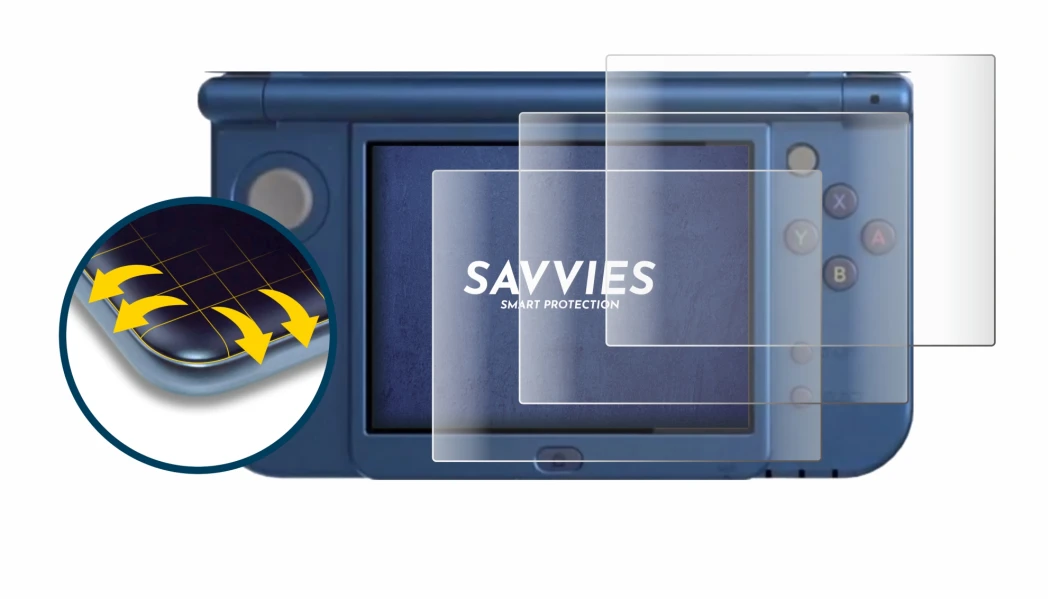 Imagen del dispositivo Nintendo New 3DS XL (Pantalla inferior) con una amplia variedad de protectores de pantalla.
