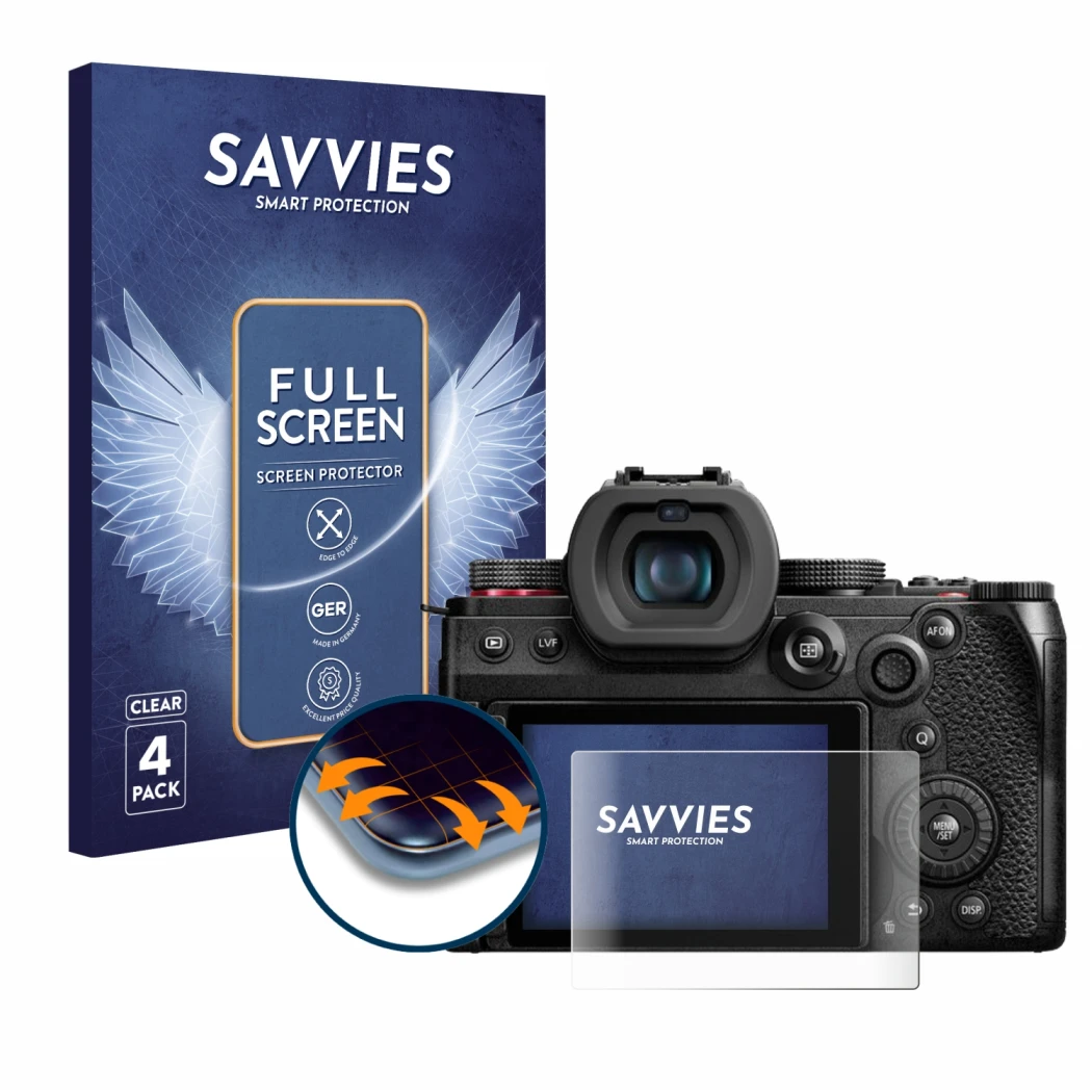 Parte frontal de un envase de producto con el logotipo de la marca Savvies. Al lado se muestra el dispositivo Panasonic Lumix 