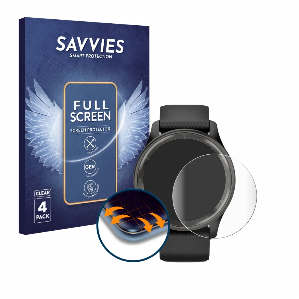 Parte frontal de un envase de producto con el logotipo de la marca Savvies. Al lado se muestra el dispositivo Garmin Vivomove 