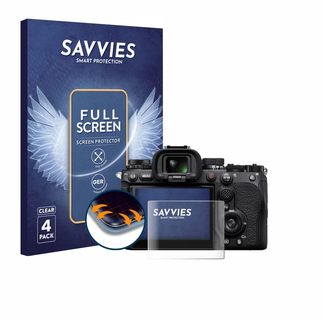 Parte frontal de un envase de producto con el logotipo de la marca Savvies. Al lado se muestra el dispositivo Sony Alpha 9 III