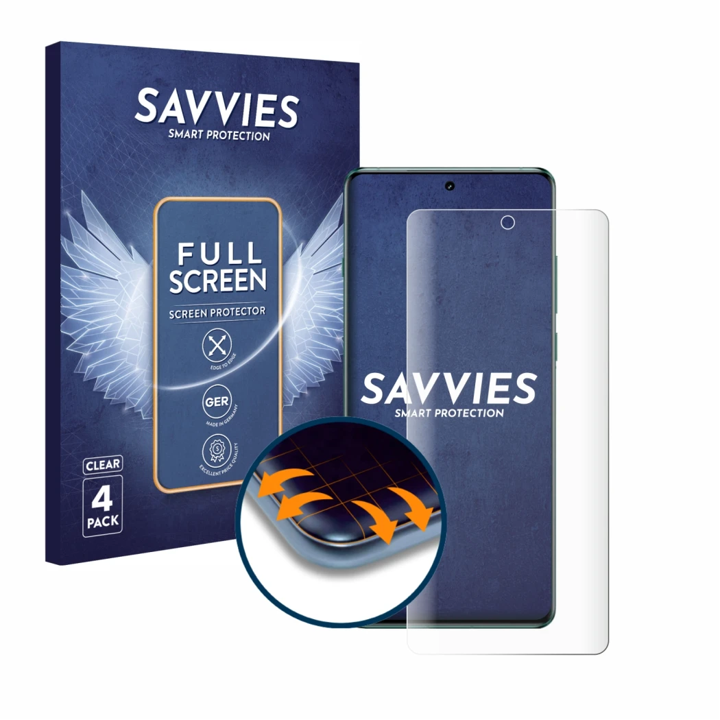 Parte frontal de un envase de producto con el logotipo de la marca Savvies. Al lado se muestra el dispositivo OnePlus 12 con s