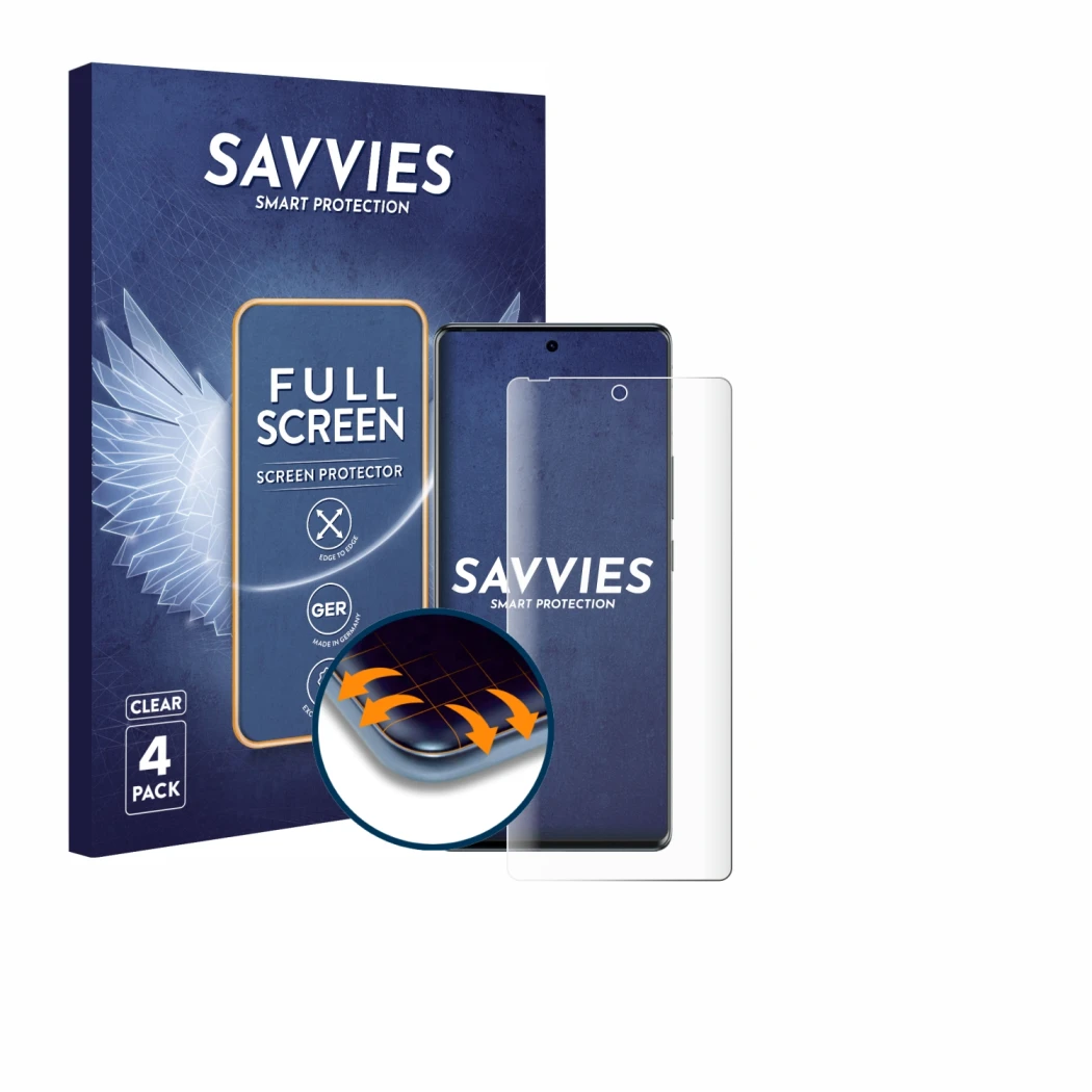Parte frontal de un envase de producto con el logotipo de la marca Savvies. Al lado se muestra el dispositivo Tecno Spark 20 P