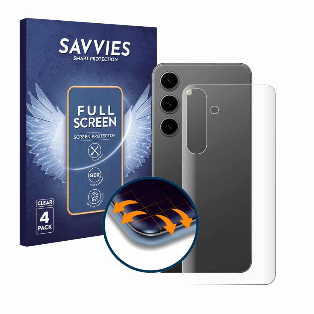 Parte frontal de un envase de producto con el logotipo de la marca Savvies. Al lado se muestra el dispositivo Samsung Galaxy S