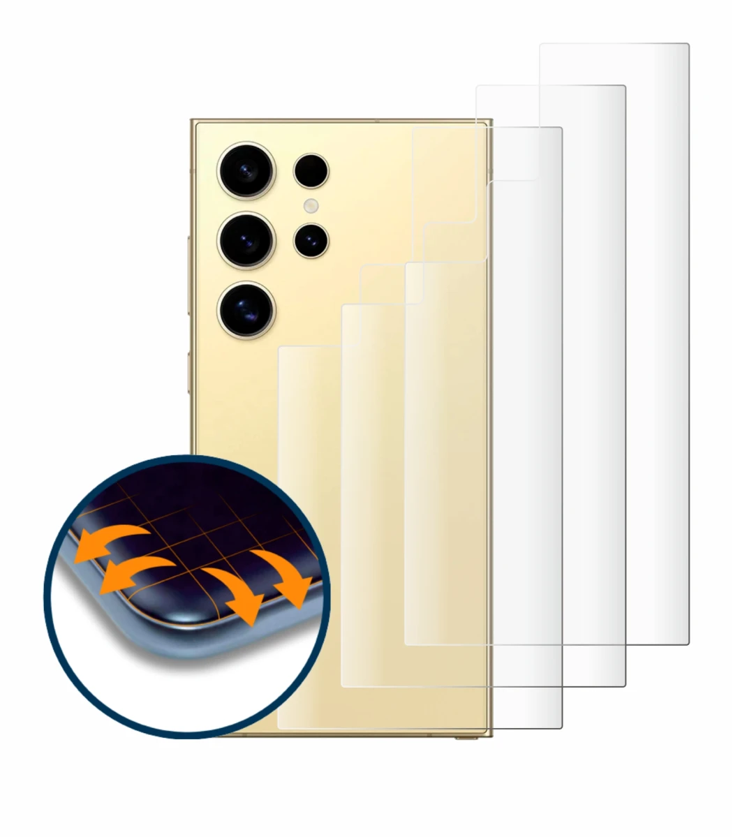 Imagen del dispositivo Samsung Galaxy S24 Ultra (Trasero) con una amplia variedad de protectores de pantalla.