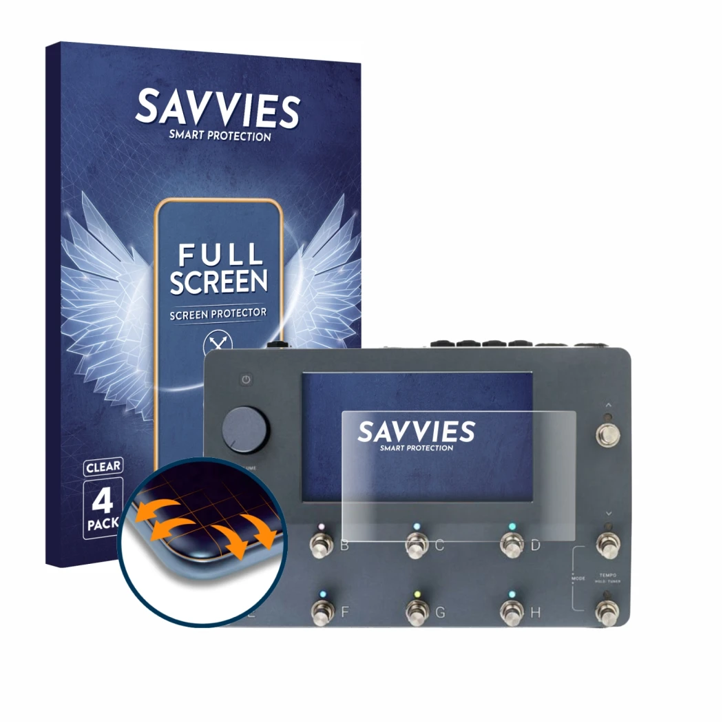 Parte frontal de un envase de producto con el logotipo de la marca Savvies. Al lado se muestra el dispositivo Neural DSP Quad 