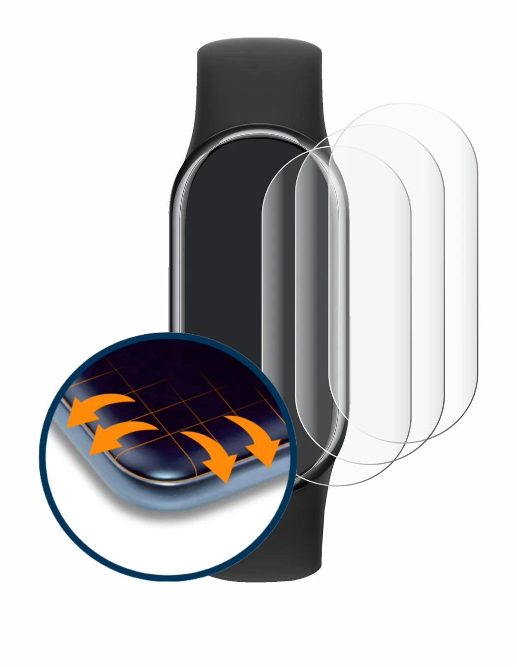 Imagen del dispositivo Xiaomi Smart Band 8 con una amplia variedad de protectores de pantalla.