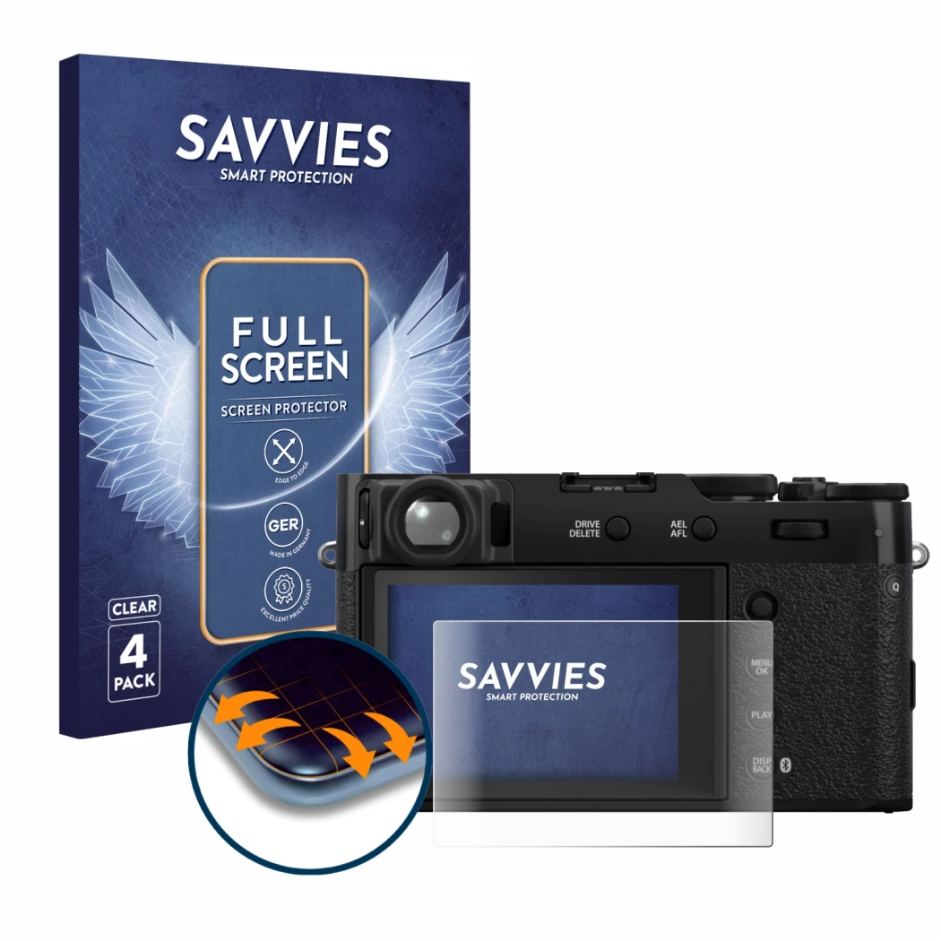 Parte frontal de un envase de producto con el logotipo de la marca Savvies. Al lado se muestra el dispositivo Fujifilm X100VI 