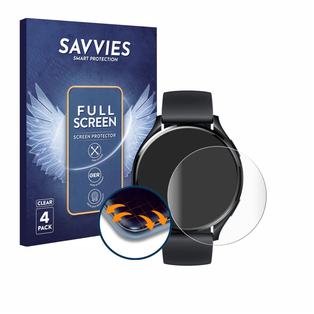 Parte frontal de un envase de producto con el logotipo de la marca Savvies. Al lado se muestra el dispositivo Xiaomi Watch 2 c