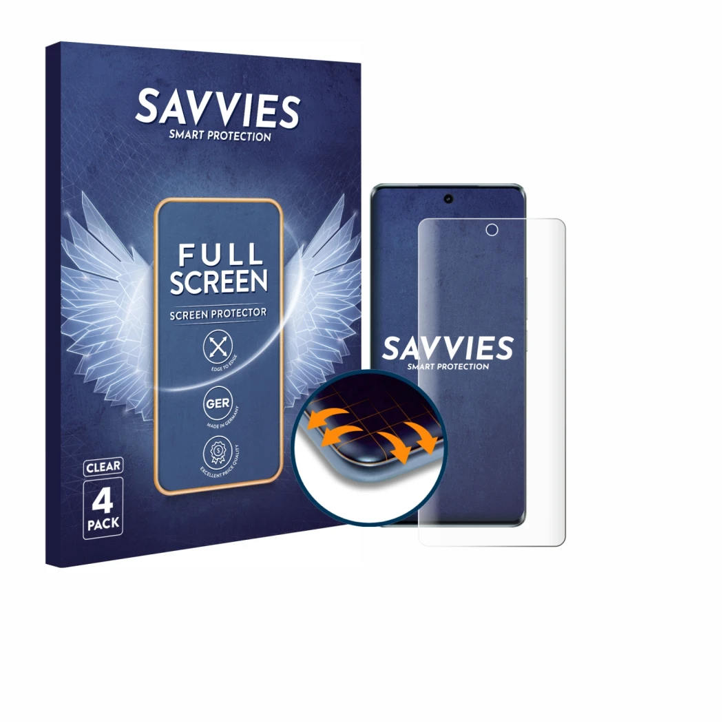 Parte frontal de un envase de producto con el logotipo de la marca Savvies. Al lado se muestra el dispositivo Vivo V30 Pro con