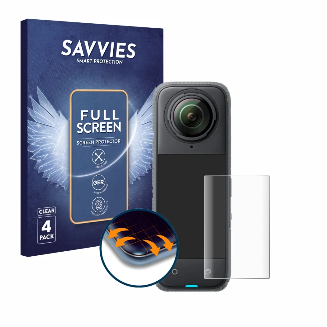 Parte frontal de un envase de producto con el logotipo de la marca Savvies. Al lado se muestra el dispositivo Insta360 X4 con 