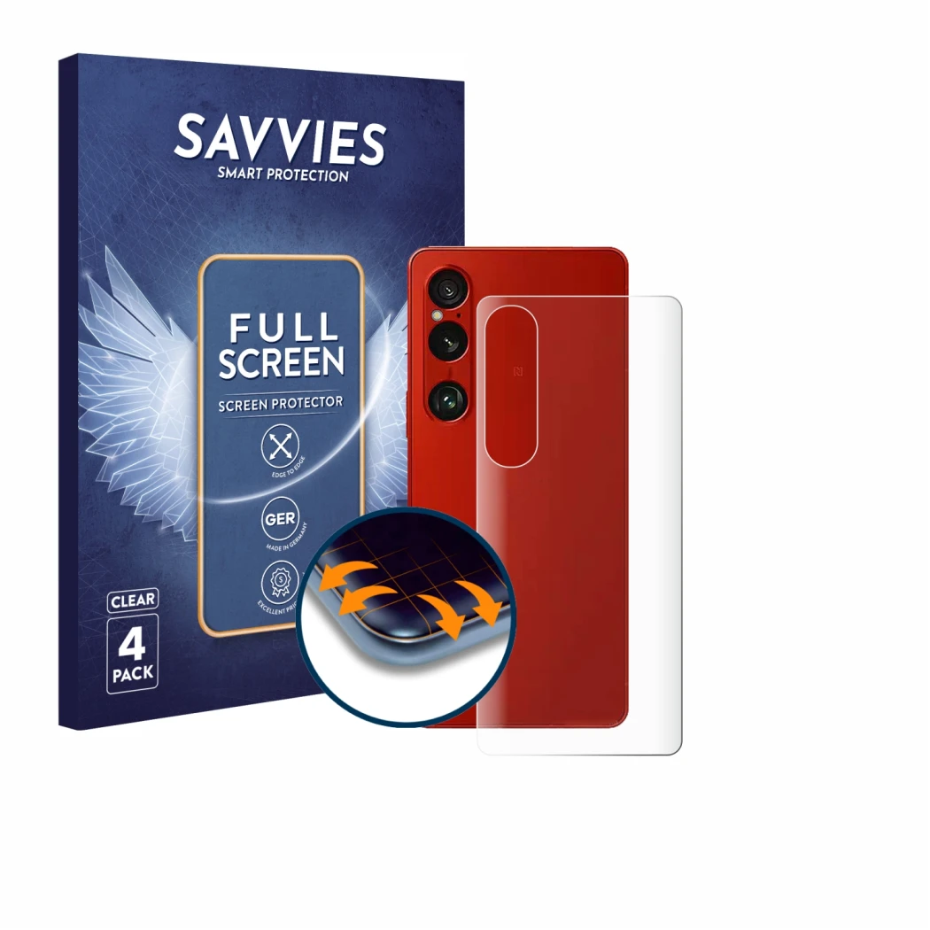 Parte frontal de un envase de producto con el logotipo de la marca Savvies. Al lado se muestra el dispositivo Sony Xperia 1 VI