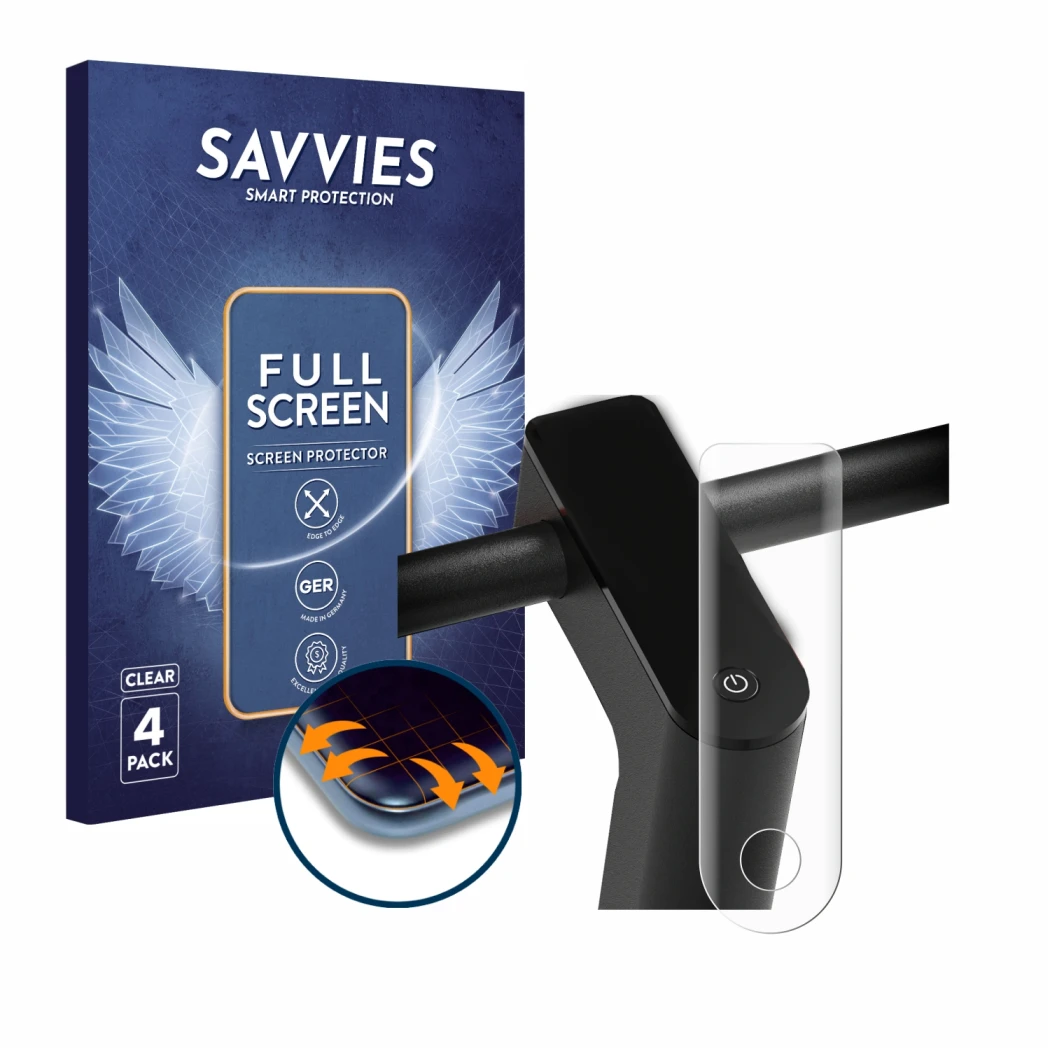 Parte frontal de un envase de producto con el logotipo de la marca Savvies. Al lado se muestra el dispositivo Xiaomi Mi 4 Pro 