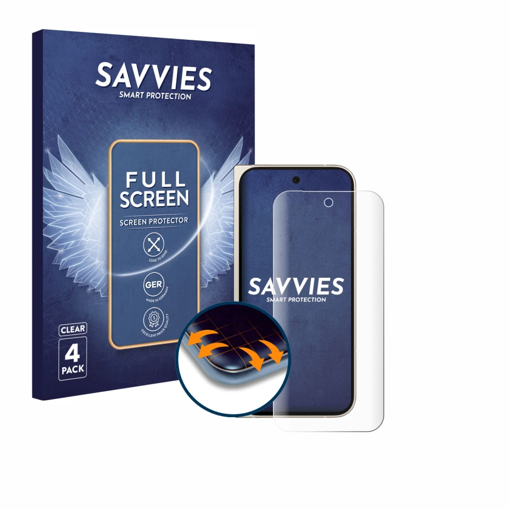 Parte frontal de un envase de producto con el logotipo de la marca Savvies. Al lado se muestra el dispositivo Google Pixel 9 P
