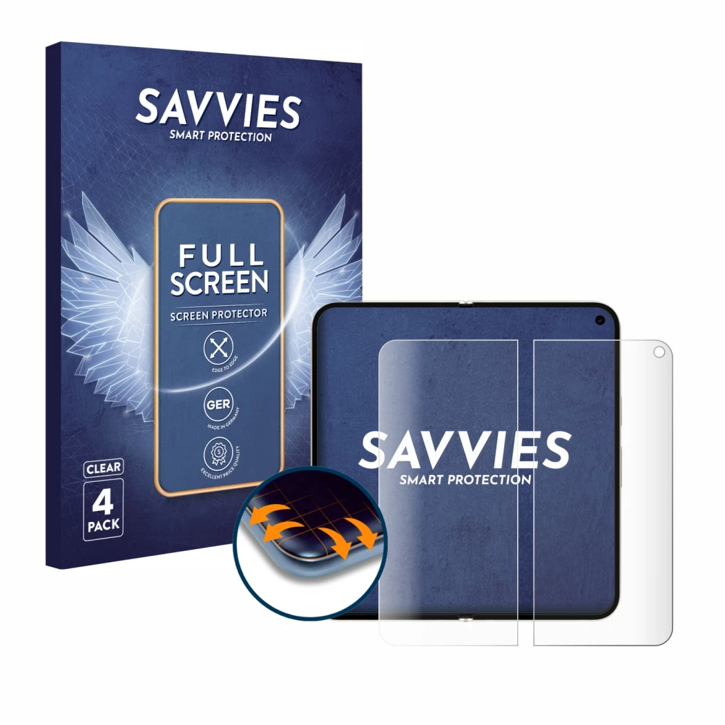 Parte frontal de un envase de producto con el logotipo de la marca Savvies. Al lado se muestra el dispositivo Google Pixel 9 P
