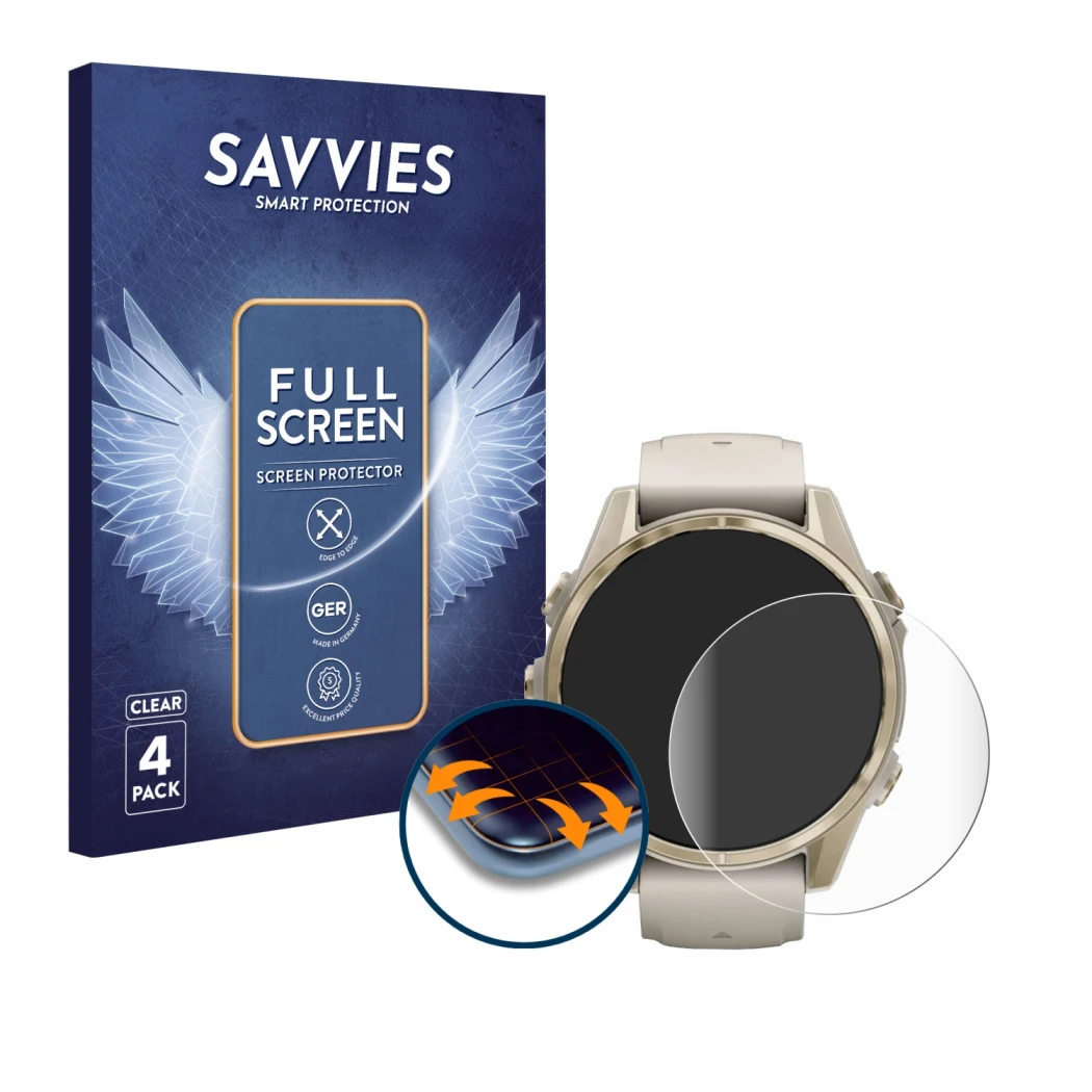 Parte frontal de un envase de producto con el logotipo de la marca Savvies. Al lado se muestra el dispositivo Garmin Fenix 8 (