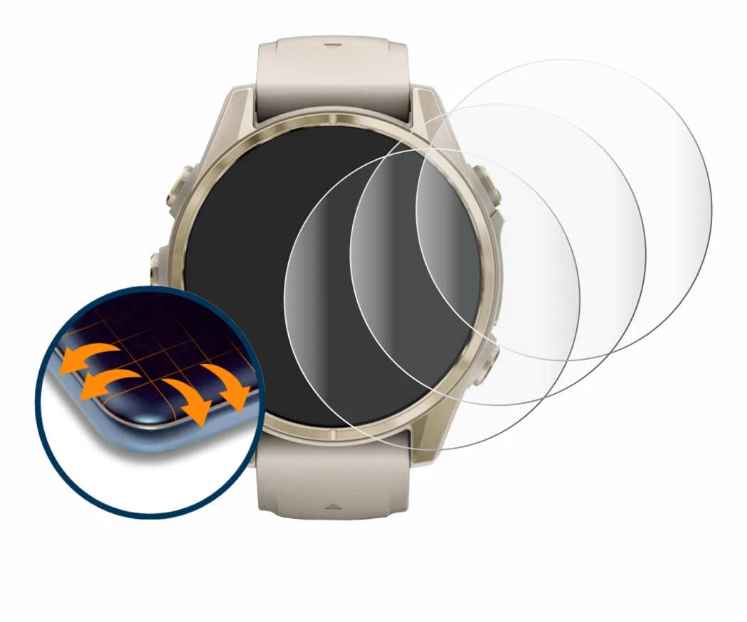 Imagen del dispositivo Garmin Fenix 8 (43 mm) con una amplia variedad de protectores de pantalla.