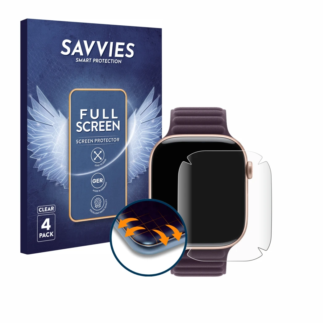 Parte frontal de un envase de producto con el logotipo de la marca Savvies. Al lado se muestra el dispositivo Apple Watch Seri