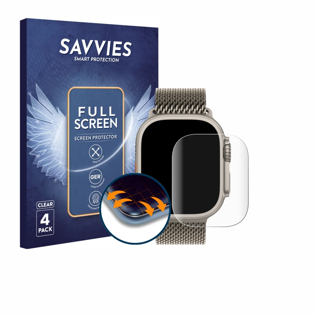 Parte frontal de un envase de producto con el logotipo de la marca Savvies. Al lado se muestra el dispositivo Apple Watch Ultr