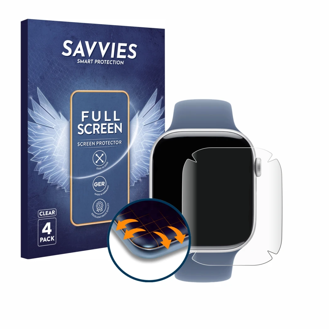 Parte frontal de un envase de producto con el logotipo de la marca Savvies. Al lado se muestra el dispositivo Apple Watch Seri