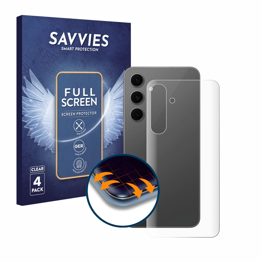 Parte frontal de un envase de producto con el logotipo de la marca Savvies. Al lado se muestra el dispositivo Samsung Galaxy S