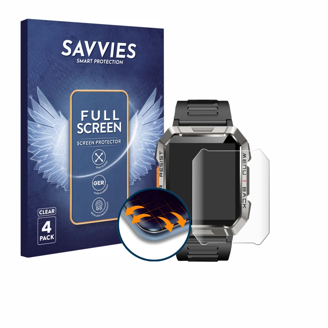 Parte frontal de un envase de producto con el logotipo de la marca Savvies. Al lado se muestra el dispositivo Baolubao W60 con