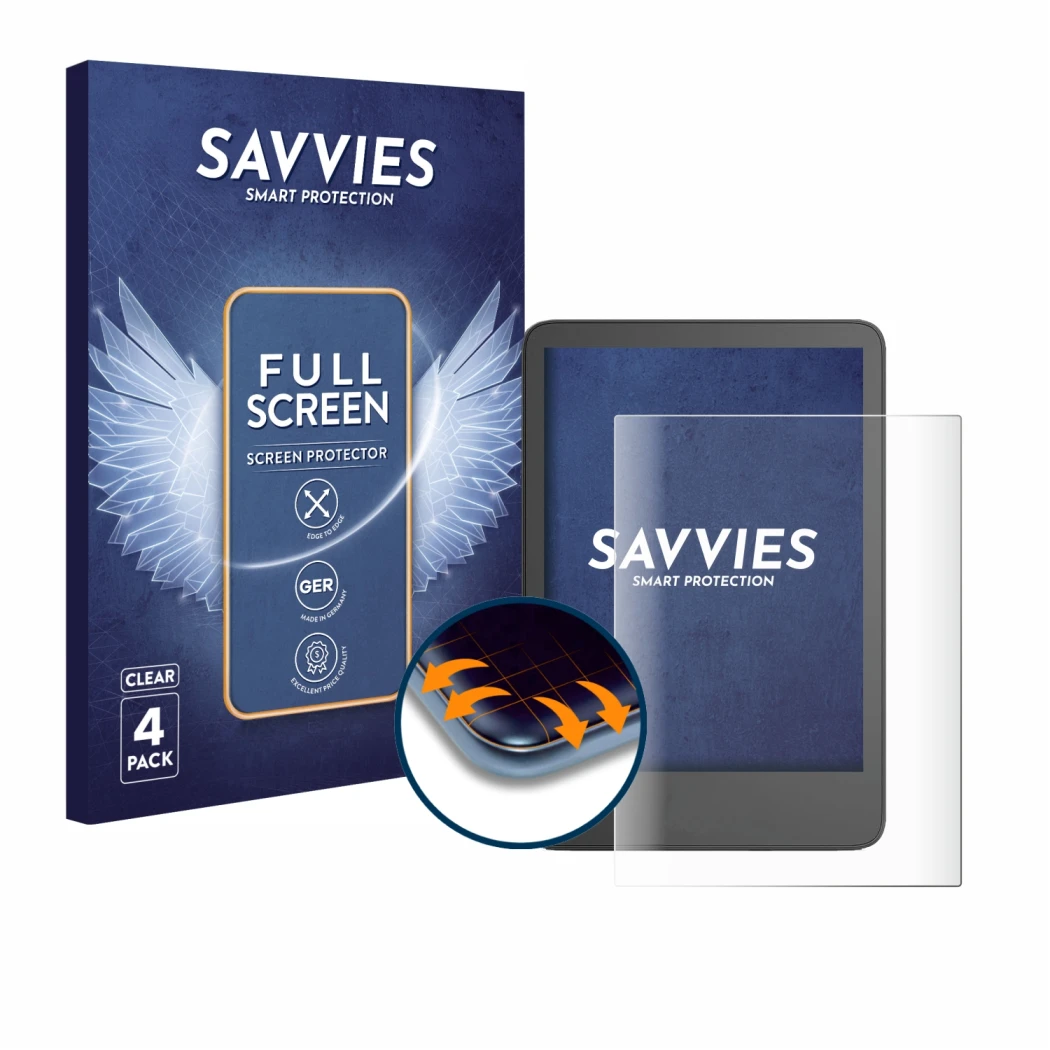 Parte frontal de un envase de producto con el logotipo de la marca Savvies. Al lado se muestra el dispositivo Amazon Kindle 20