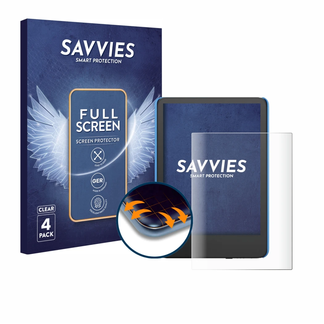 Parte frontal de un envase de producto con el logotipo de la marca Savvies. Al lado se muestra el dispositivo Amazon Kindle Ki