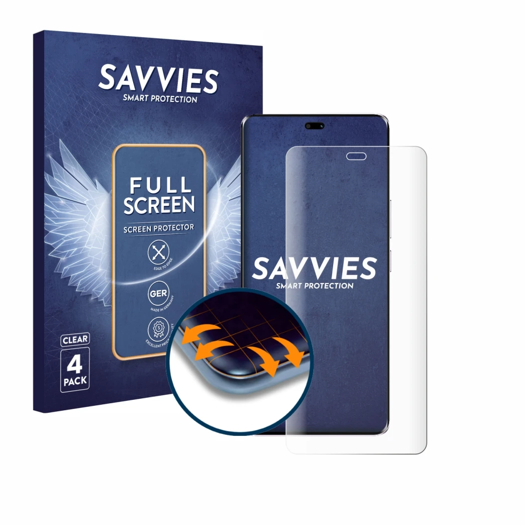 Parte frontal de un envase de producto con el logotipo de la marca Savvies. Al lado se muestra el dispositivo Honor Magic 7 Li
