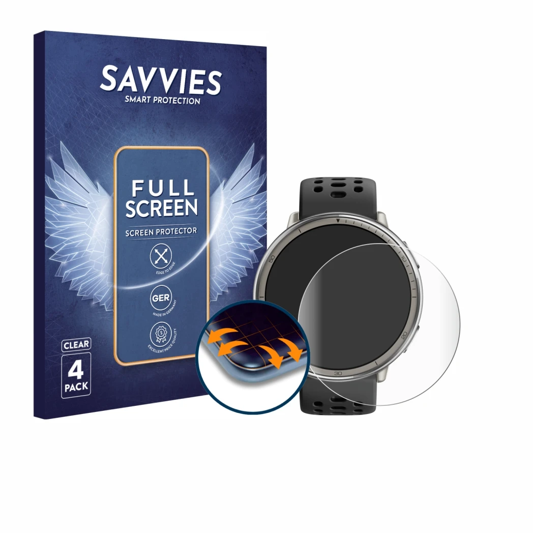 Parte frontal de un envase de producto con el logotipo de la marca Savvies. Al lado se muestra el dispositivo Amazfit Active 2