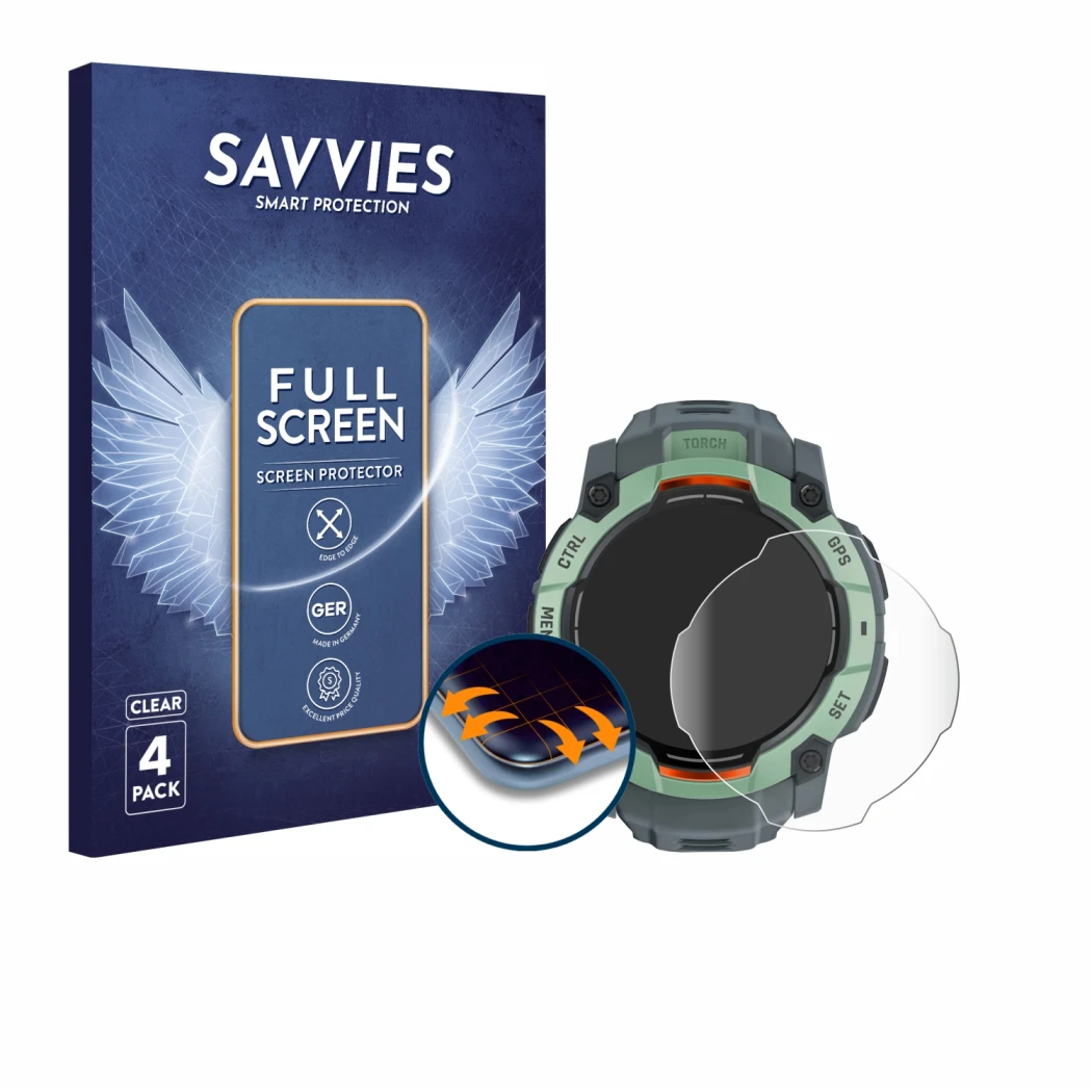 Parte frontal de un envase de producto con el logotipo de la marca Savvies. Al lado se muestra el dispositivo Garmin Instinct 