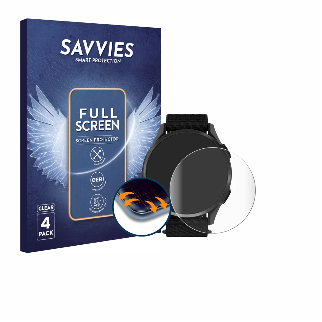 Parte frontal de un envase de producto con el logotipo de la marca Savvies. Al lado se muestra el dispositivo Garmin Approach 