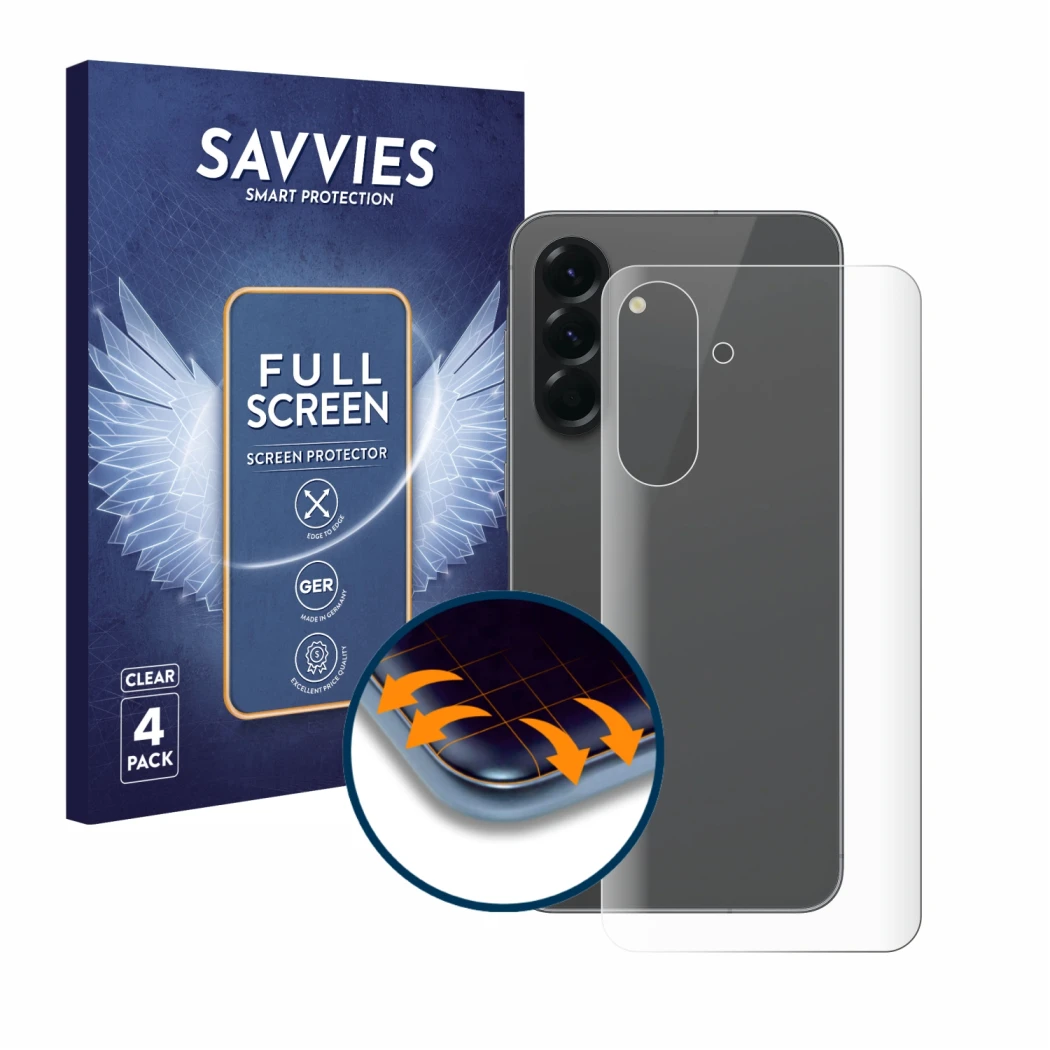 Parte frontal de un envase de producto con el logotipo de la marca Savvies. Al lado se muestra el dispositivo Samsung Galaxy A