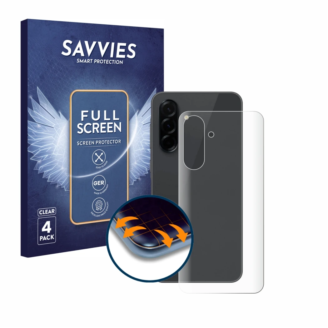 Parte frontal de un envase de producto con el logotipo de la marca Savvies. Al lado se muestra el dispositivo Samsung Galaxy A