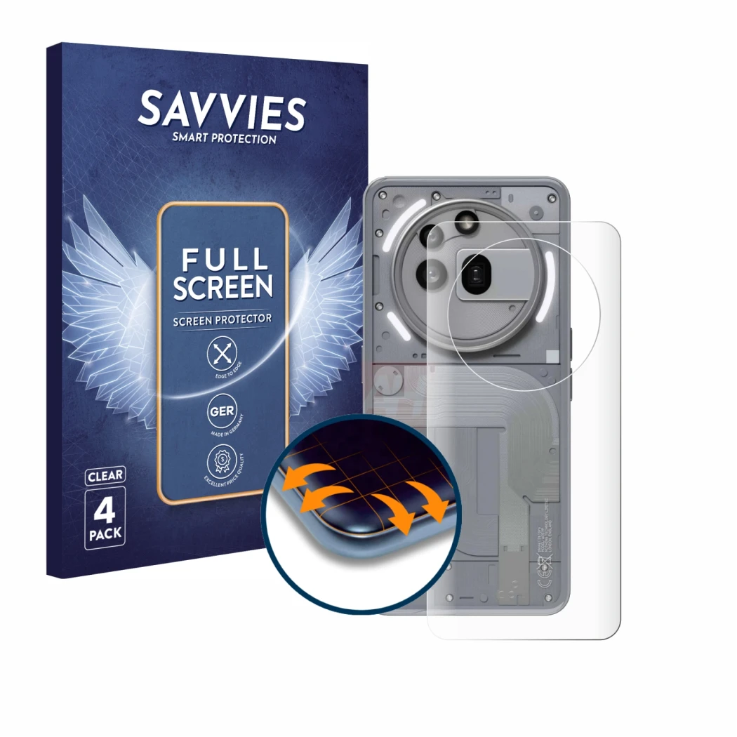 Parte frontal de un envase de producto con el logotipo de la marca Savvies. Al lado se muestra el dispositivo Nothing Phone (3