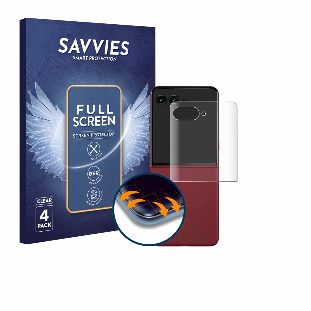 Parte frontal de un envase de producto con el logotipo de la marca Savvies. Al lado se muestra el dispositivo Motorola Razr 60