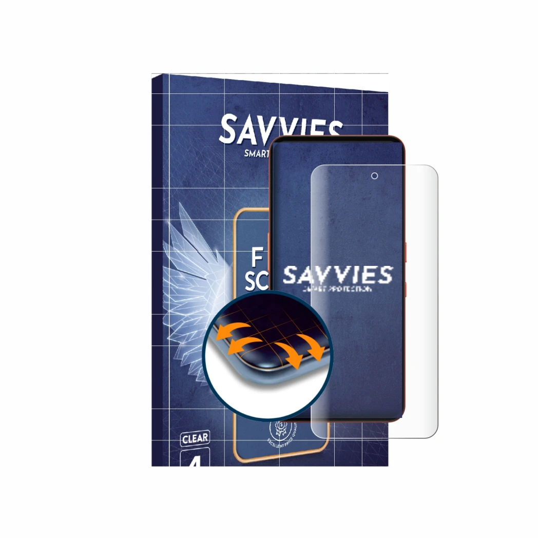 Parte frontal de un envase de producto con el logotipo de la marca Savvies. Al lado se muestra el dispositivo Nothing CMF Phon