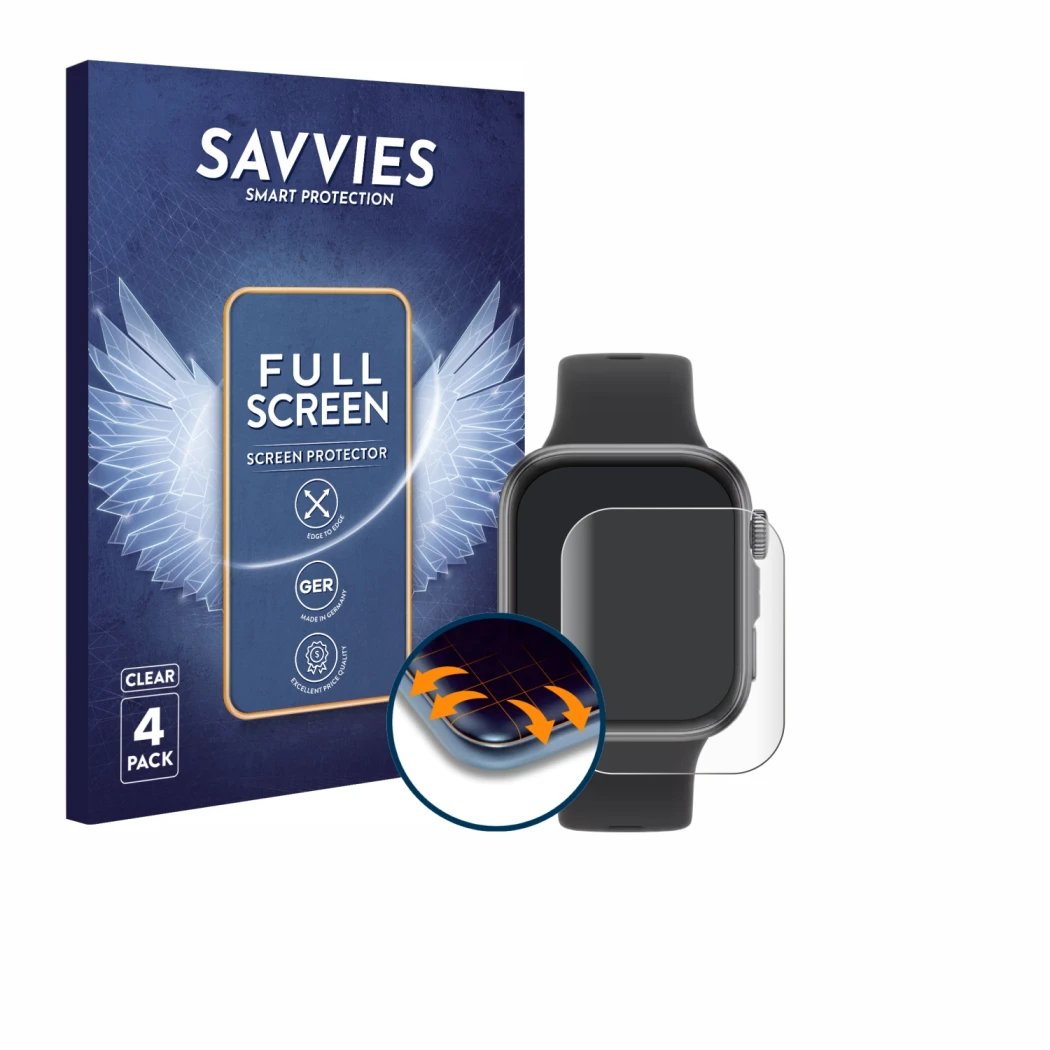 Parte frontal de un envase de producto con el logotipo de la marca Savvies. Al lado se muestra el dispositivo Huawei Watch Fit