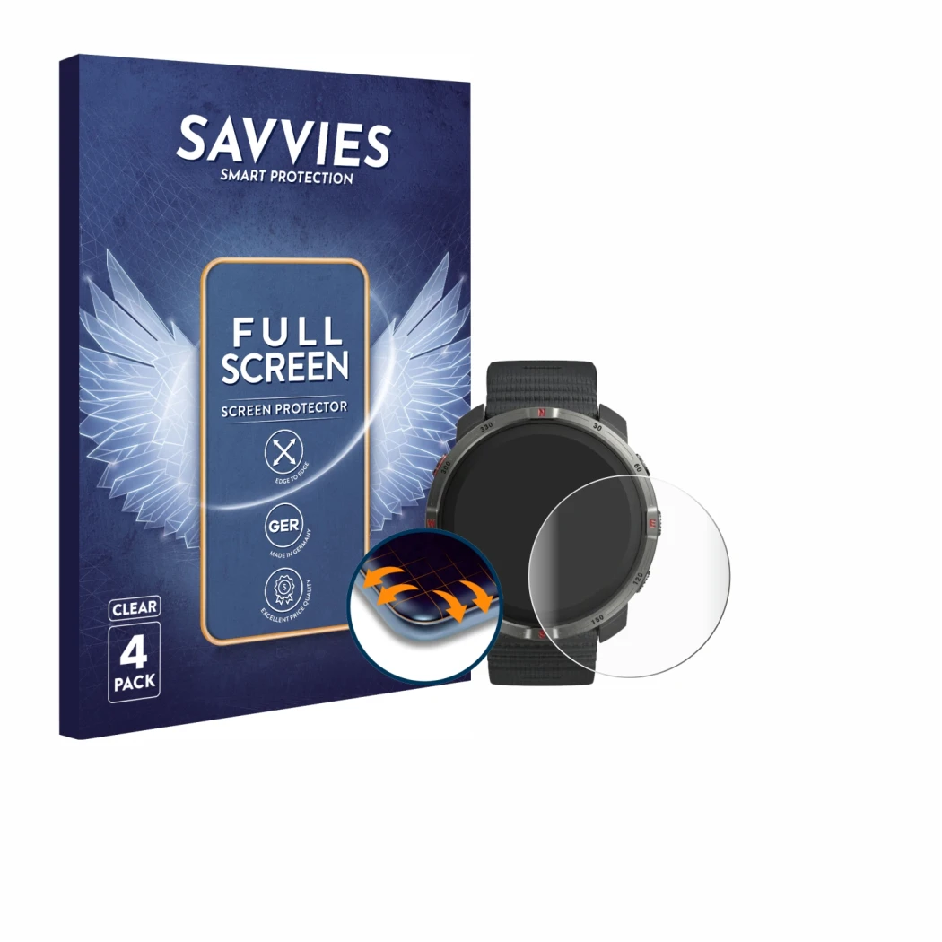 Parte frontal de un envase de producto con el logotipo de la marca Savvies. Al lado se muestra el dispositivo Polar Grit X2 co