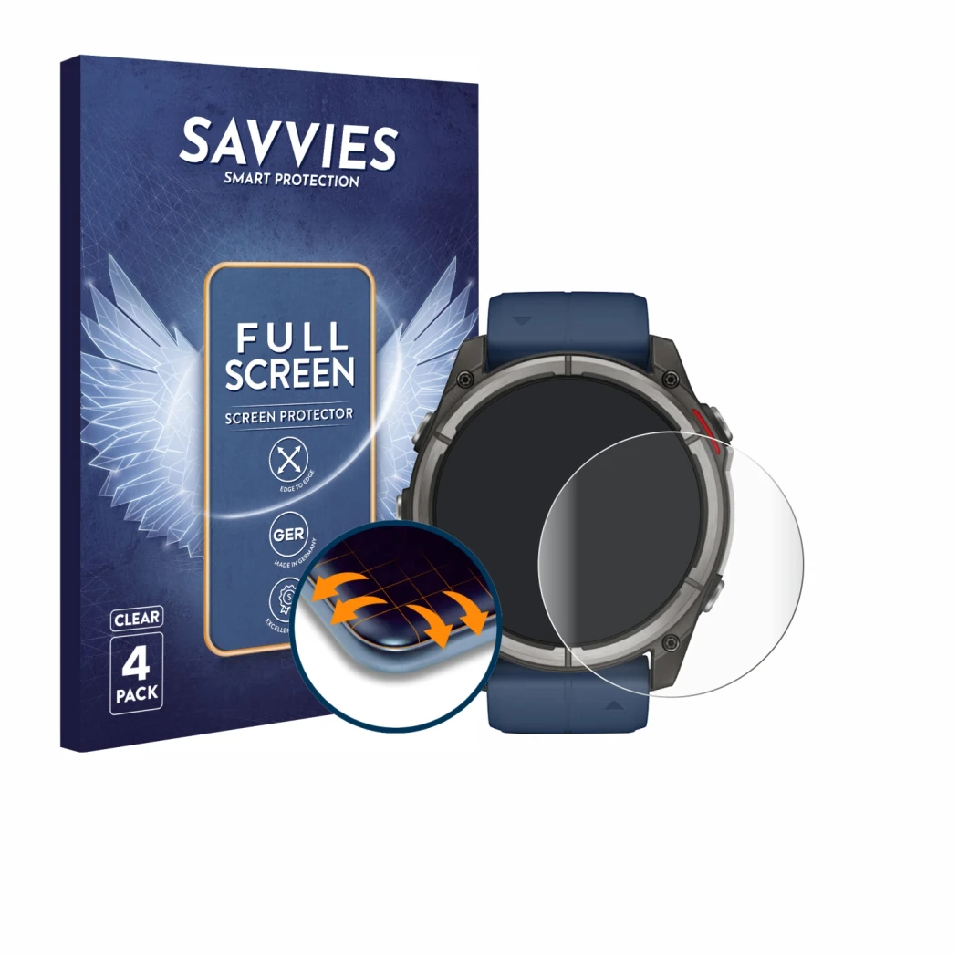 Parte frontal de un envase de producto con el logotipo de la marca Savvies. Al lado se muestra el dispositivo Garmin quatix 8 