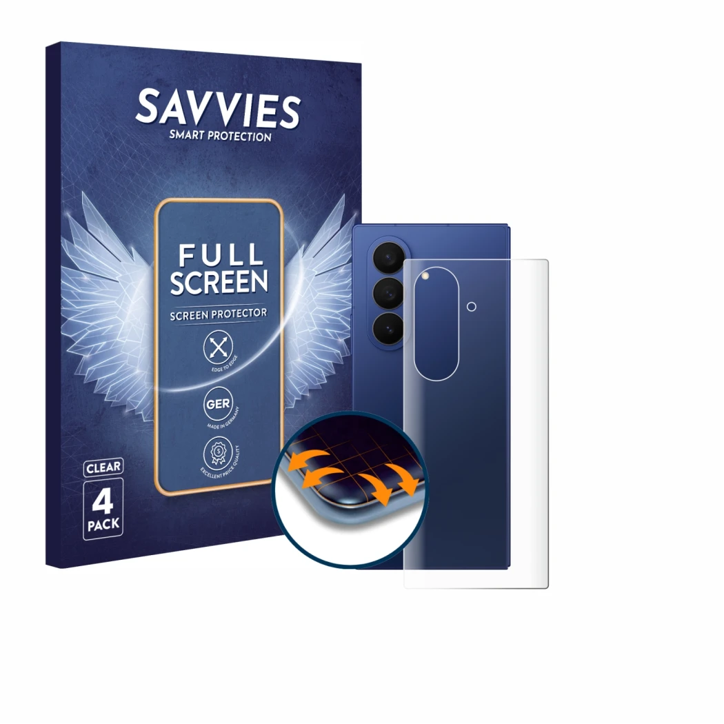 Parte frontal de un envase de producto con el logotipo de la marca Savvies. Al lado se muestra el dispositivo Samsung Galaxy Z
