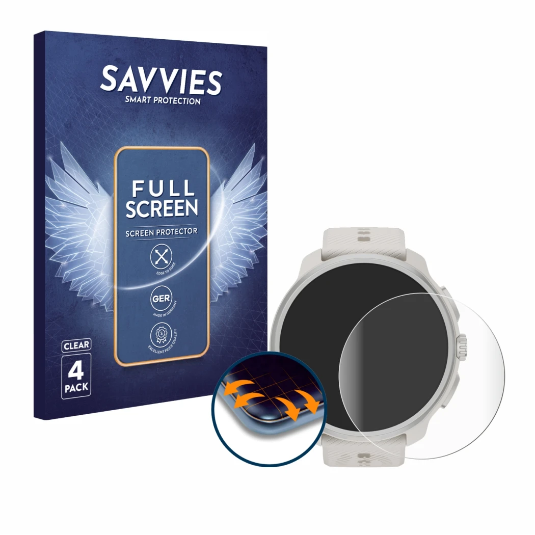 Parte frontal de un envase de producto con el logotipo de la marca Savvies. Al lado se muestra el dispositivo Suunto Race 2 co